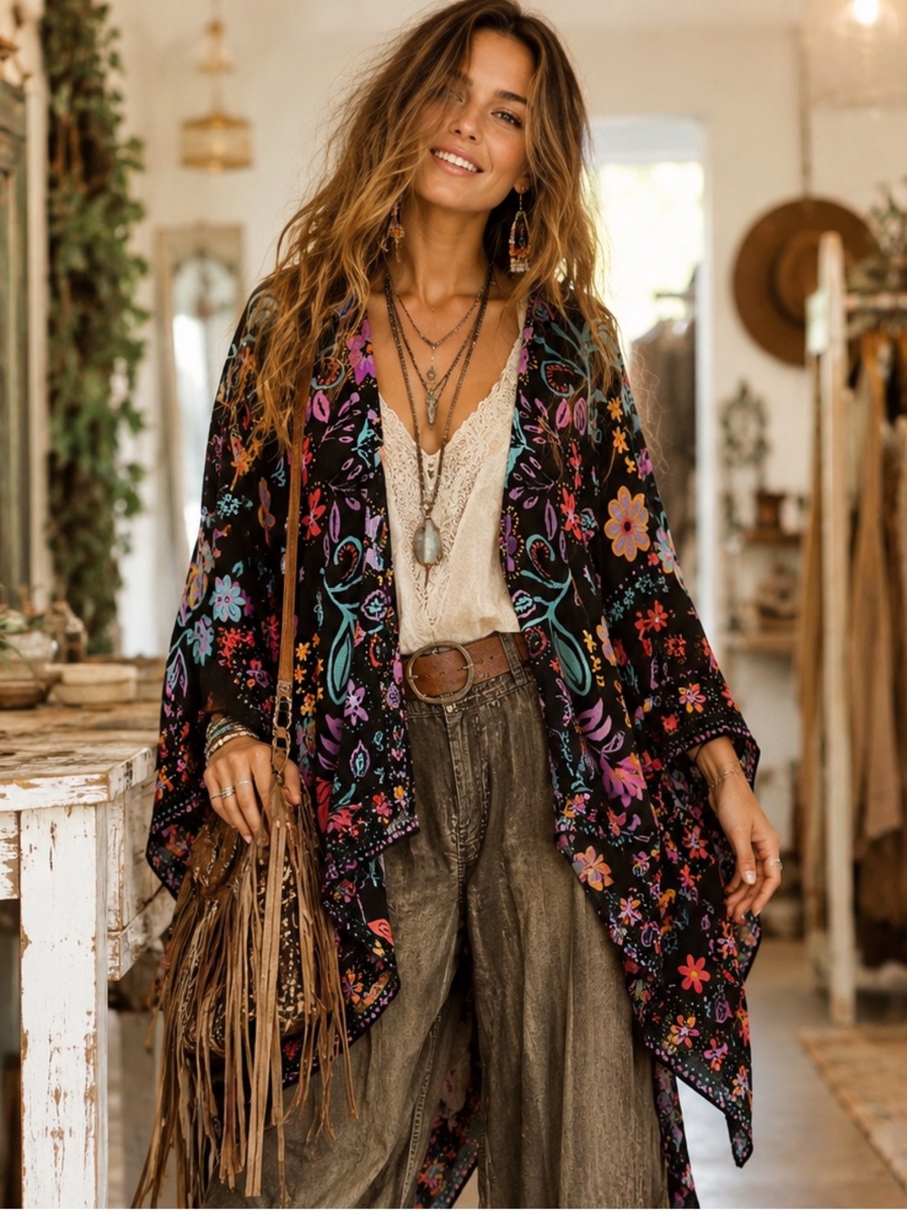 easel Black Floral V-Neck Boho Poncho with Multicolor Blooms Small